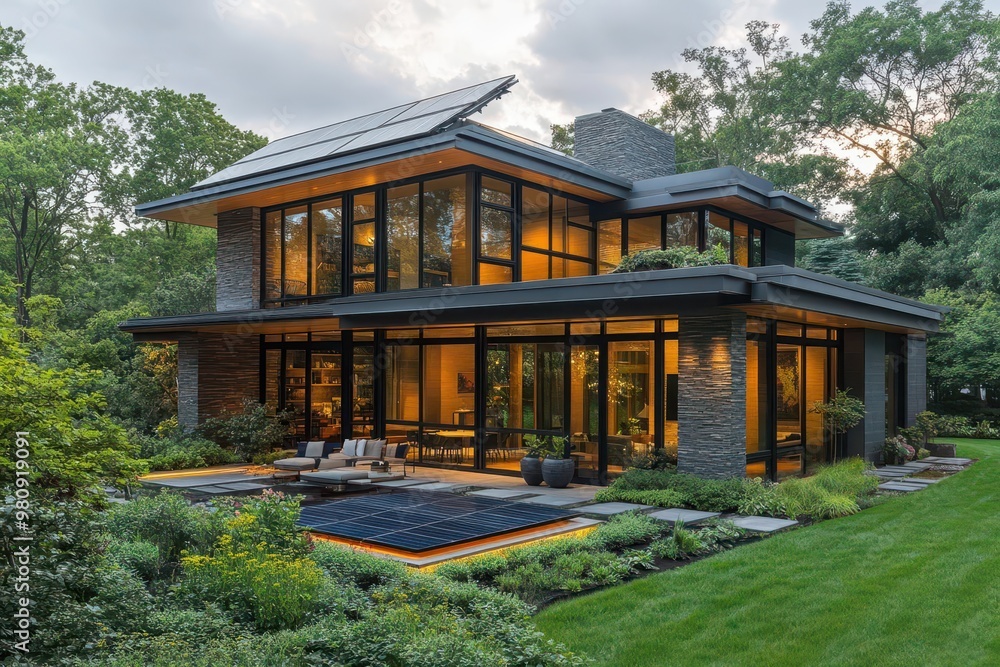 modern suburban home with sleek solar panels gleaming in sunlight surrounded by lush greenery embodying sustainable living and ecoconsciousness modern suburban home with sleek solar panels gleaming in sunlight surrounded by lush greenery embodying sustainable living and ecoconsciousness