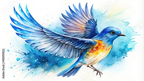 Abstract watercolor painting of a vibrant blue bird with expressive wings and tail