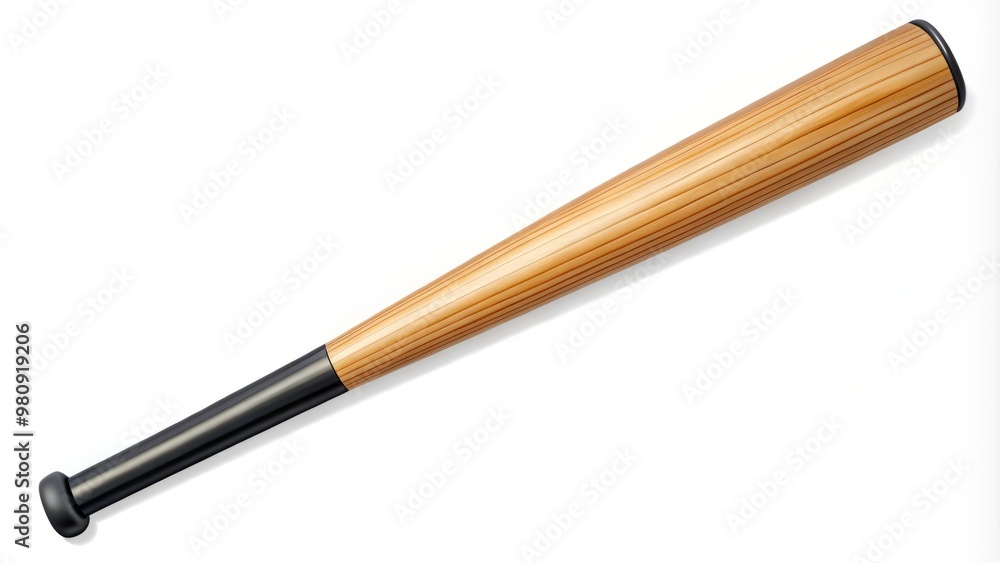 A cartoonish baseball bat with a wooden texture stands out against a crisp white background, its black grip A cartoonish baseball bat with a wooden texture stands out against a crisp white background, its black grip