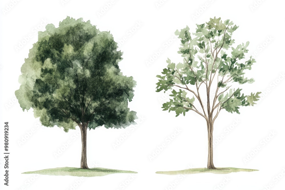 Watercolors of different tree side views used in landscapes and architecture are included in the set Watercolors of different tree side views used in landscapes and architecture are included in the set