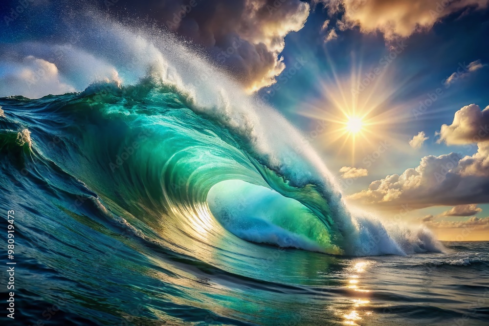 A stunning oil painting depicts a colossal turquoise wave cresting in the open ocean, sunlight dancing across its frothy peak and deep blue trough. A stunning oil painting depicts a colossal turquoise wave cresting in the open ocean, sunlight dancing across its frothy peak and deep blue trough.