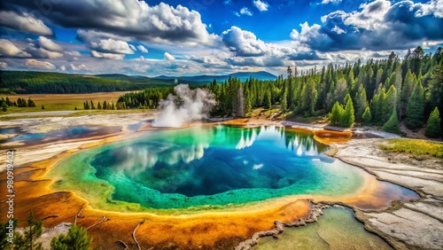 Majestic steam plumes rise from vibrant turquoise pools amidst a lush green landscape in America's iconic national photo