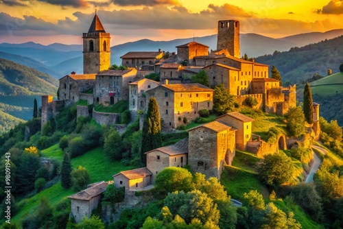Majestic stone towers rise from a lush green hillside, their rugged, weathered facades glowing golden in the soft