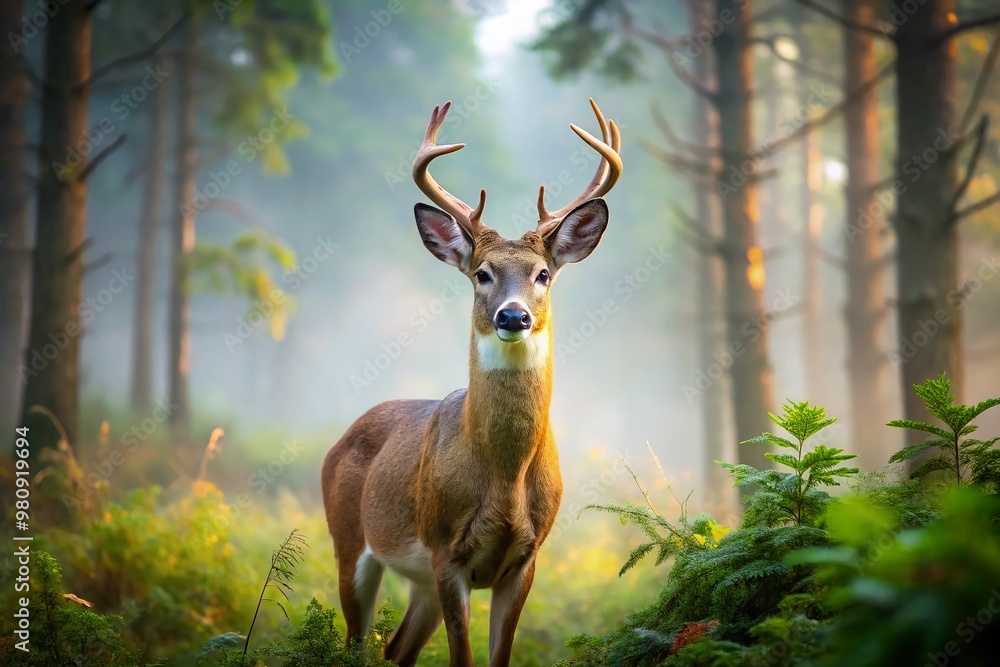 Fototapeta premium Majestic white-tailed deer stands amidst a serene misty forest, its delicate features and gentle gaze evoking a sense