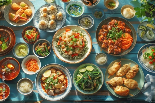 Assorted Asian Dishes on Wooden Table Featuring Dumplings, Seafood, and Fresh Vegetables