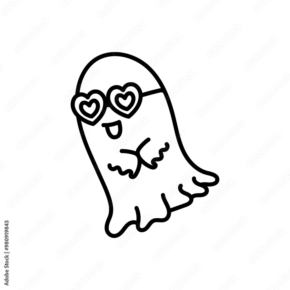 Retro Cute Halloween Ghost Outline with Heart Glasses, Boo Ghost Illustration Retro Cute Halloween Ghost Outline with Heart Glasses, Boo Ghost Illustration