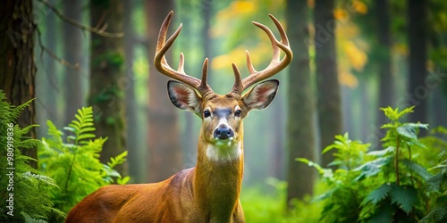 Majestic white-tailed deer with impressive antlers stands tall in a lush green forest, its gentle eyes and rustic photo