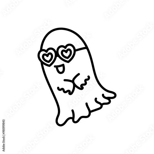 Retro Cute Halloween Ghost Outline with Heart Glasses, Boo Ghost Illustration