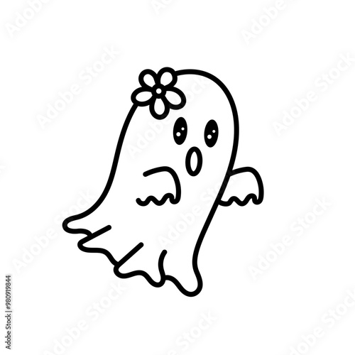 Retro Cute Halloween Ghost Outline with Flower, Boo Ghost Illustration