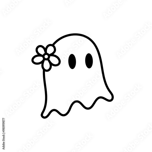 Retro Cute Halloween Ghost Outline with Flower, Boo Ghost Illustration