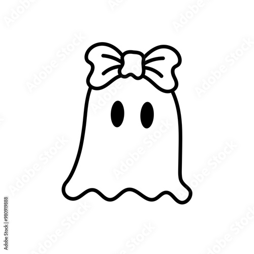 Retro Cute Halloween Ghost Outline with Bow, Boo Ghost Illustration