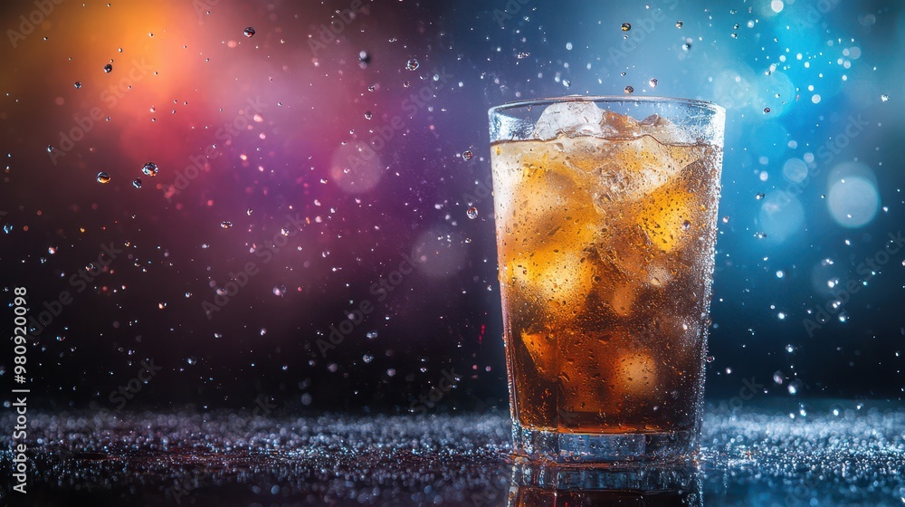 Iced juice soda in a clear cup with visible droplets, set in a stylish and cool background Iced juice soda in a clear cup with visible droplets, set in a stylish and cool background