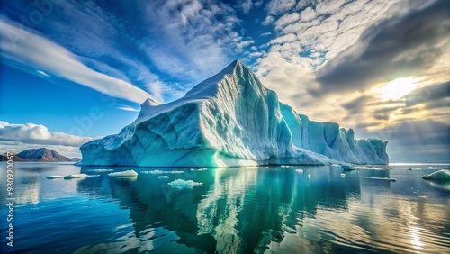 Massive iceberg floats serenely in Arctic Ocean, its crystalline surfaces glistening in soft sunlight, surrounded by