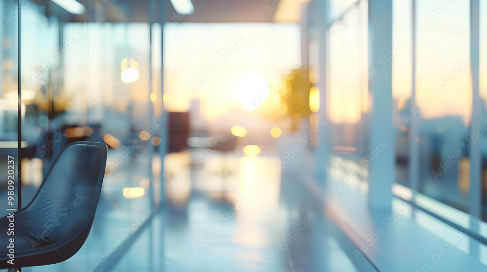 Beautiful blurred background of a light, modern office interior with panoramic windows and elegant lighting Beautiful blurred background of a light, modern office interior with panoramic windows and elegant lighting