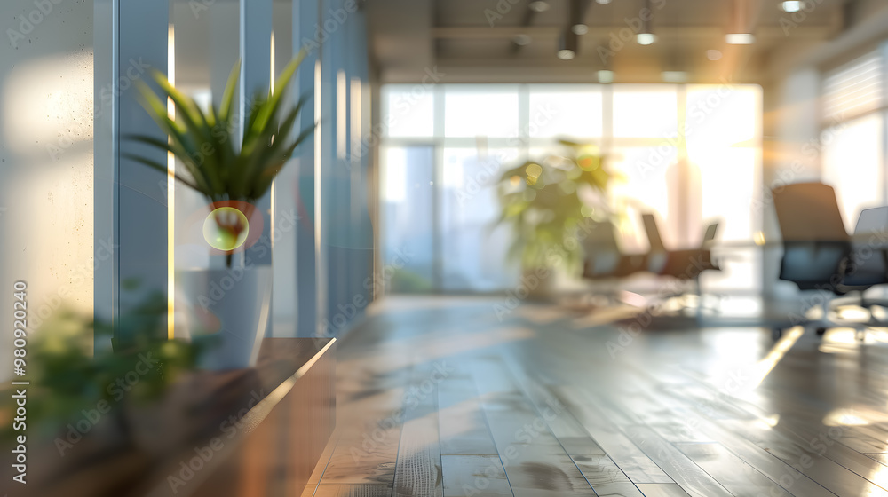 Fototapeta premium Beautiful blurred background of a light, modern office interior with panoramic windows and elegant lighting