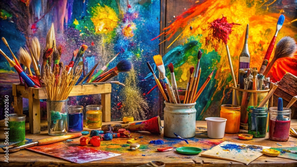 Vibrant colors explode from a cluttered artist's studio tabletop, with paint-splattered brushes, tubes of paint, and a half-finished canvas showcasing bold, expressive brushstrokes. Vibrant colors explode from a cluttered artist's studio tabletop, with paint-splattered brushes, tubes of paint, and a half-finished canvas showcasing bold, expressive brushstrokes.