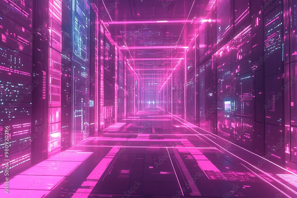 Futuristic Pink Neon Corridor with Digital Interface. Futuristic Pink Neon Corridor with Digital Interface.