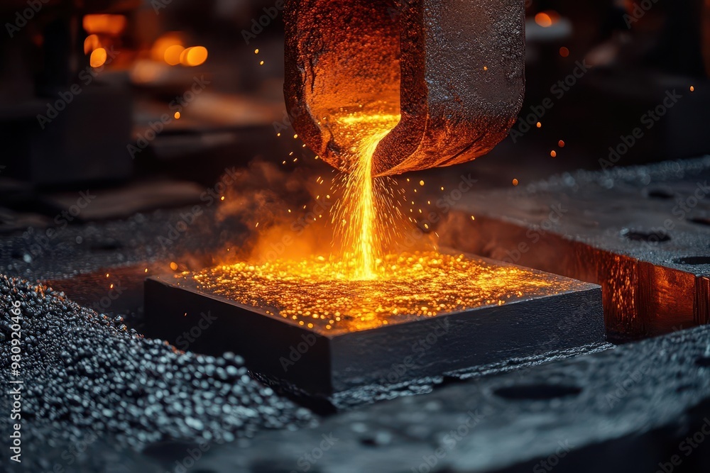molten steel being poured in industrial foundry intense orange glow illuminating machinery sparks flying smoke and steam rising raw power of metalworking molten steel being poured in industrial foundry intense orange glow illuminating machinery sparks flying smoke and steam rising raw power of metalworking
