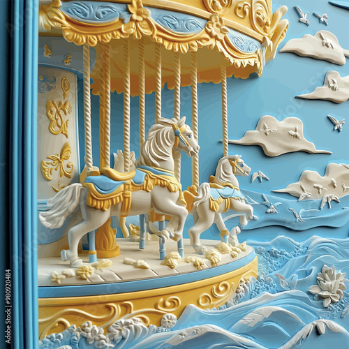 Close-up of a 3D bas-relief of a children's carousel in yellow and blue colors.Vector. Resource, sketch, template for creativity, creative interior decor, exterior facade decor. Illustration for adver