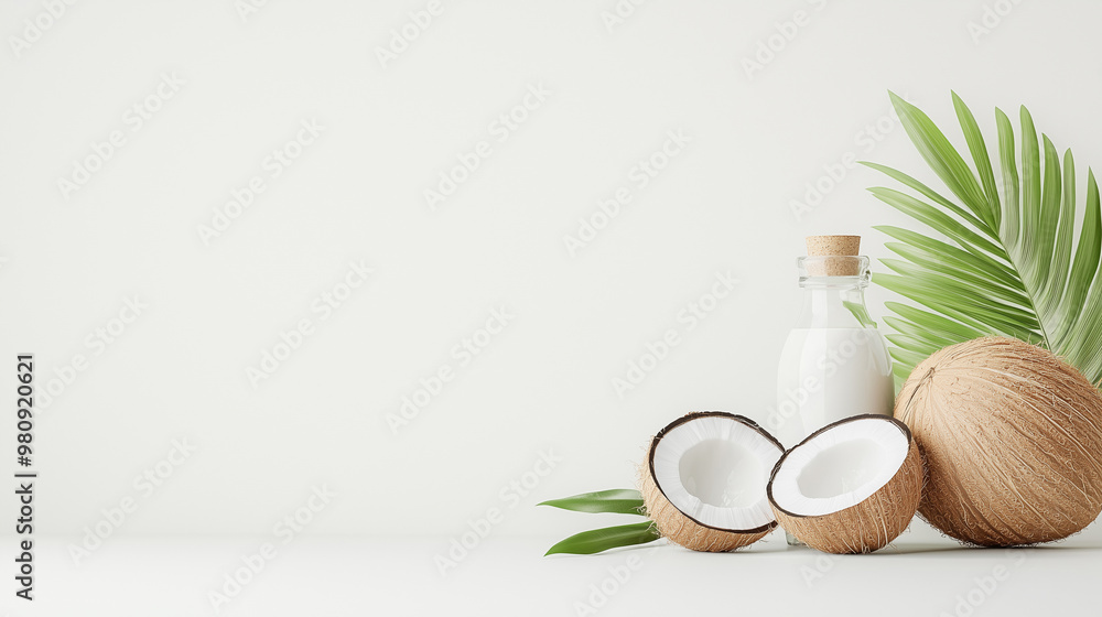 A serene composition featuring coconut halves, a jar of coconut milk, and tropical leaves against a minimalist background. A serene composition featuring coconut halves, a jar of coconut milk, and tropical leaves against a minimalist background.