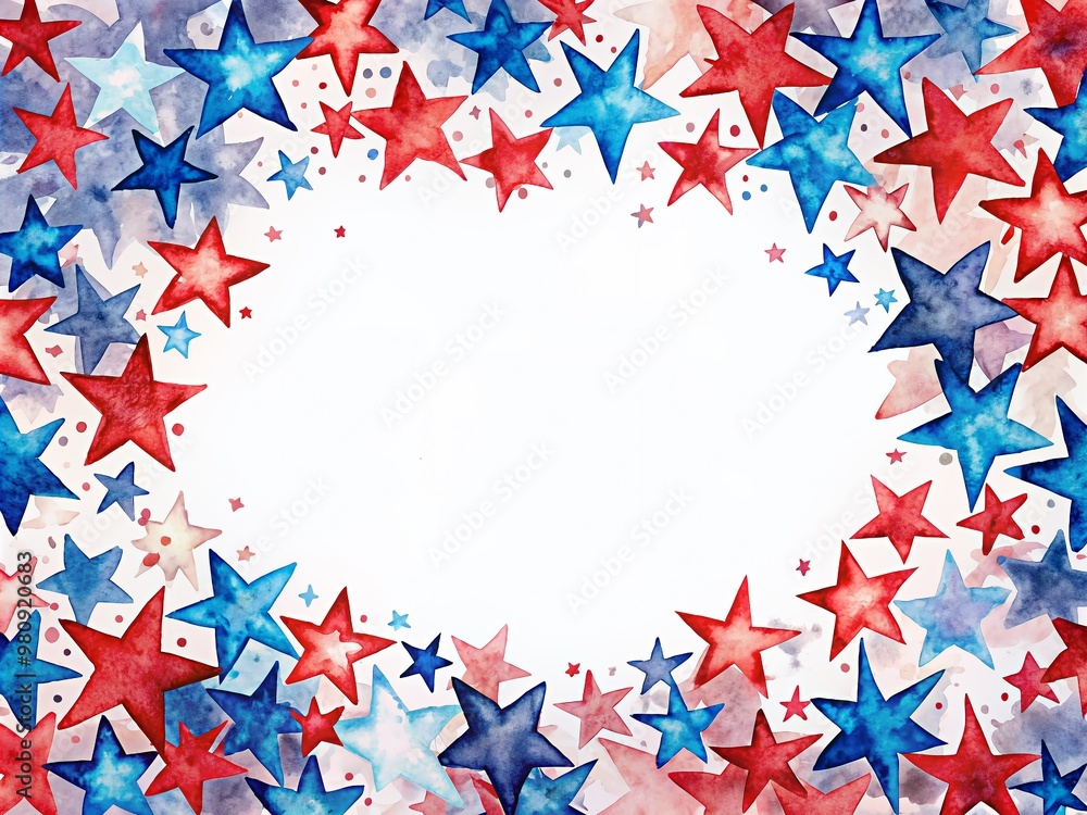 Fototapeta premium Vibrant watercolor star border with bold red, white, and blue hues, perfect for patriotic holidays, featuring a blank center for customization and personal messages.