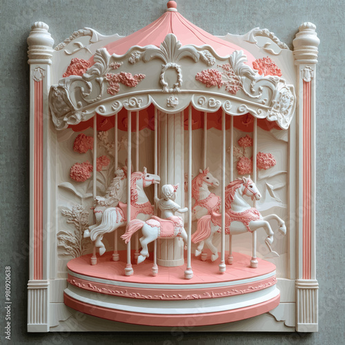 Close-up of a 3D bas-relief of a children's carousel in vanilla pink tones.Vector. Resource, sketch, template for creativity, creative interior decor, exterior facade decor. Illustration for advertisi