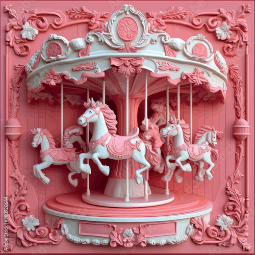 Close-up of a 3D bas-relief of a children's carousel in vanilla pink tones.Vector. Resource, sketch, template for creativity, creative interior decor, exterior facade decor. Illustration for advertisi