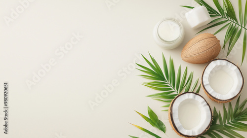 A serene arrangement featuring coconuts, coconut milk, and lush green leaves on a light background, evoking a tropical and natural aesthetic.