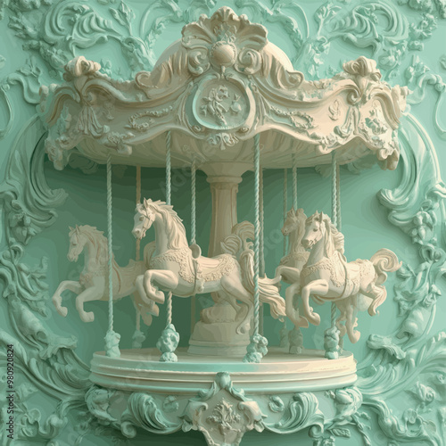Close-up of a 3D bas-relief of a children's carousel in vanilla and mint colors.Vector. Resource, sketch, template for creativity, creative interior decor, exterior facade decor. Illustration for adve