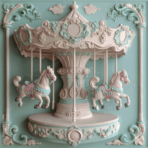 Close-up of a 3D bas-relief of a children's carousel in vanilla and mint colors.Vector. Resource, sketch, template for creativity, creative interior decor, exterior facade decor. Illustration for adve