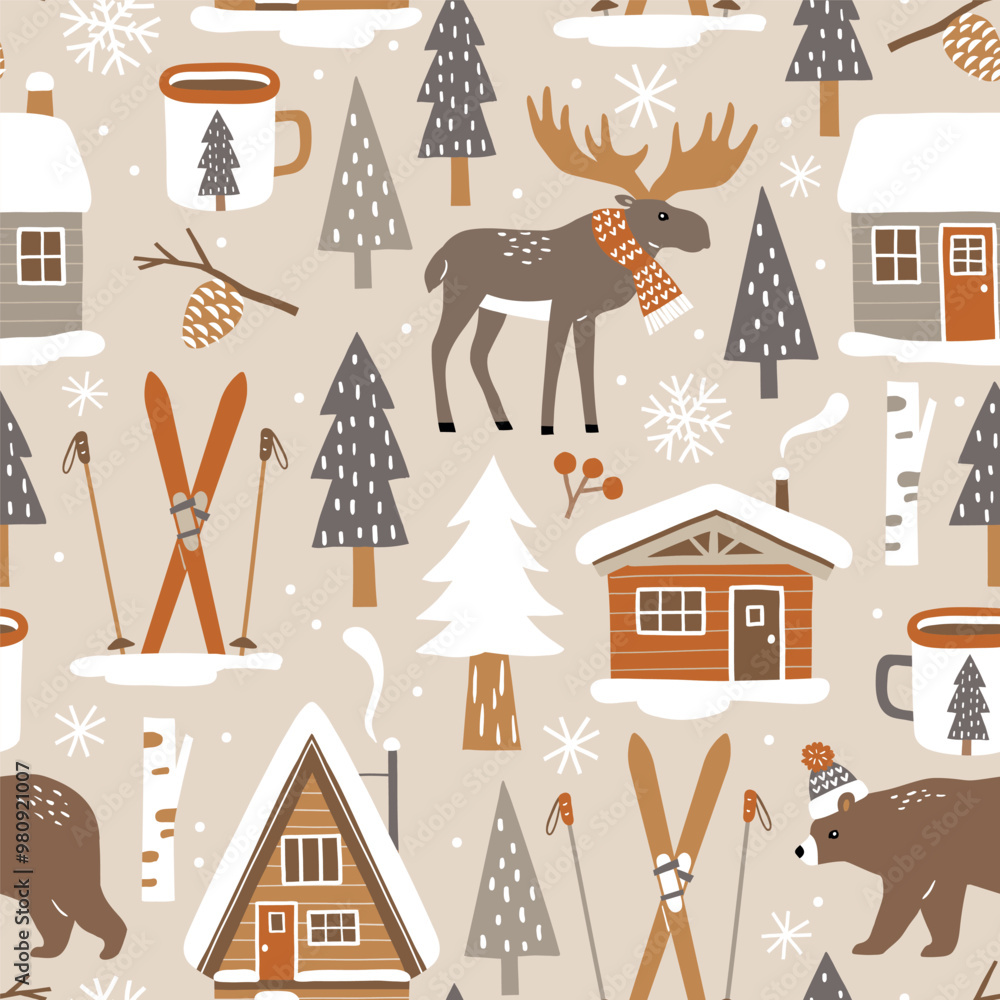 Hand drawn seamless vector pattern with forest animals and pine trees. Snowy winter woodland landscape with cute moose, bear and ski lodge. EPS 10 vector file. Perfect for textile, wallpaper, print. 