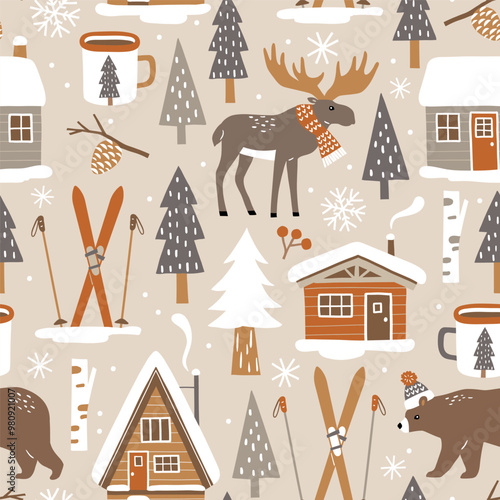 Hand drawn seamless vector pattern with forest animals and pine trees. Snowy winter woodland landscape with cute moose, bear and ski lodge. EPS 10 vector file. Perfect for textile, wallpaper, print. 