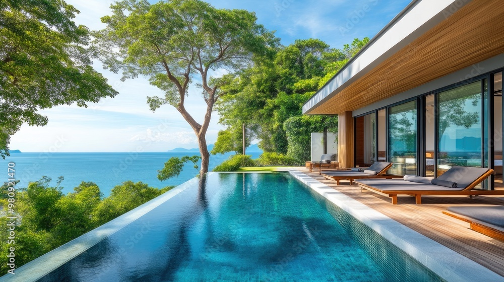 Fototapeta premium Idyllic Summer Villa with Pool and Expansive Sea View