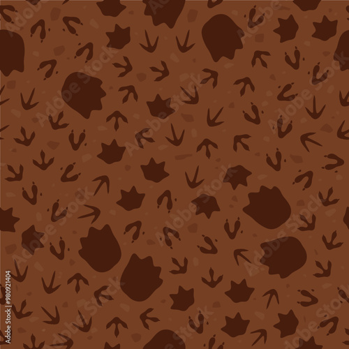 Dinosaur footprint seamless pattern. Cartoon vector background with prehistoric dino fossil, ancient reptile animal paw prints. Wallpaper with Jurassic era archaeological and paleontology finds