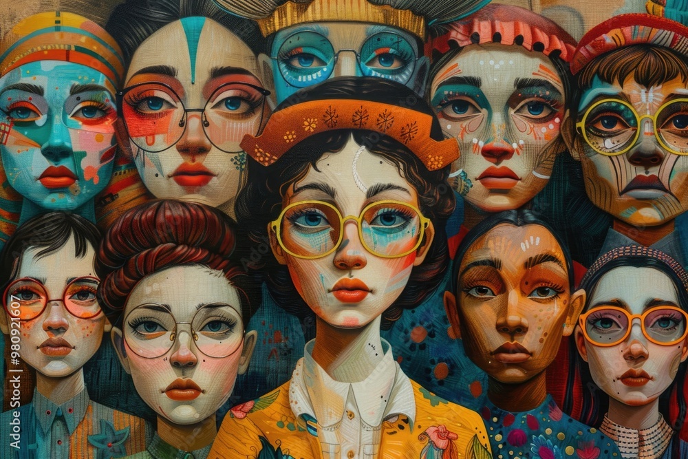 Obraz premium Vibrant Multicultural Portraits: Artistic Expressions of Diverse Faces in Modern Illustration