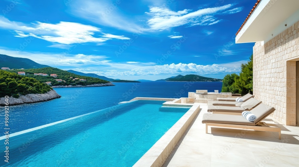 Fototapeta premium Serene Summer Escape: Terrace with Pool and Breathtaking Sea Views