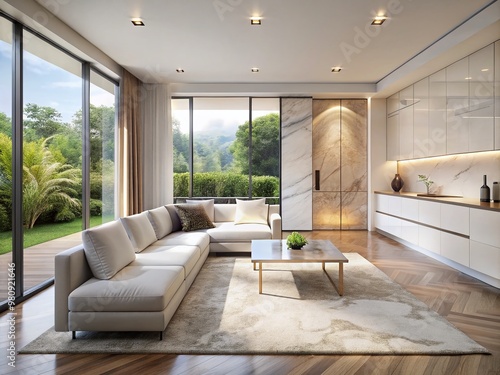 Minimalist living room with sleek Blanco cabinetry, marble countertops, and cream-colored walls, bathed in soft natural