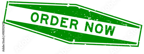 Grunge green order now word hexagon rubber seal stamp on white background