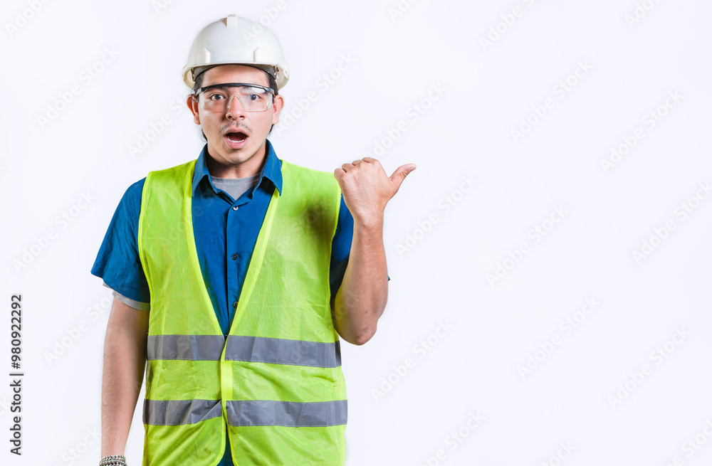 Surprised young engineer pointing side advertising space isolated. Amazed engineer pointing to the side an advertising space Surprised young engineer pointing side advertising space isolated. Amazed engineer pointing to the side an advertising space