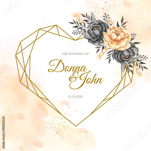 Wedding invitation card with heart shape frame and watercolor of black and gold flowers arrangement