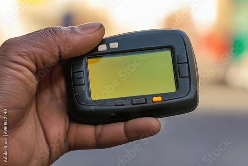 male hand holds pager, blurred Middle Eastern street in background photo