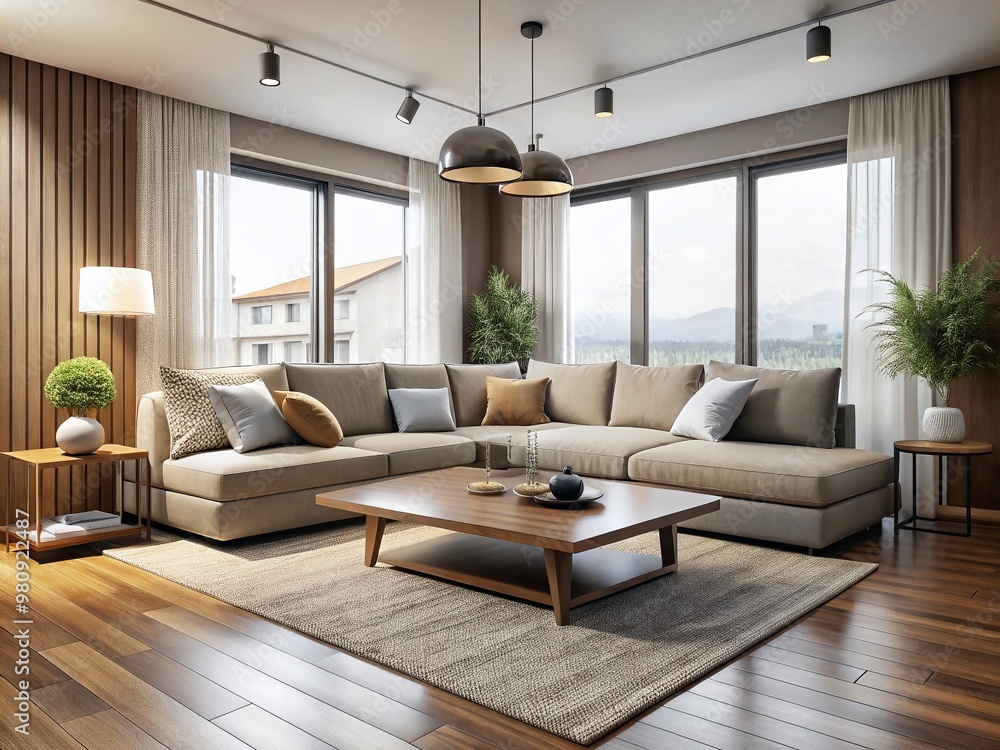 Fototapeta premium Modern, minimalist, and budget-friendly living room set featuring sleek sectional sofa, coffee table, and rug in a