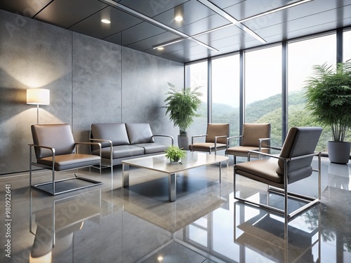 Modern, minimalist waiting area with sleek, low-profile chairs and a stylish coffee table on a polished concrete floor,