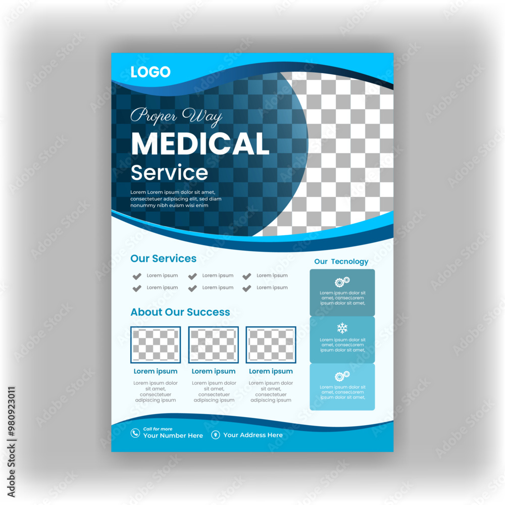 Obraz premium Medical healthcare flyer design template, Corporate Medical Flyer Minimal and clean medical flyer design vector template, Healthcare Flyer Layout with Blue Accents, medical a4 flyer design template.