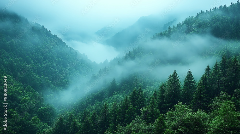 Fog rolling through a mountain pass, foggy weather, mysterious and silent Fog rolling through a mountain pass, foggy weather, mysterious and silent