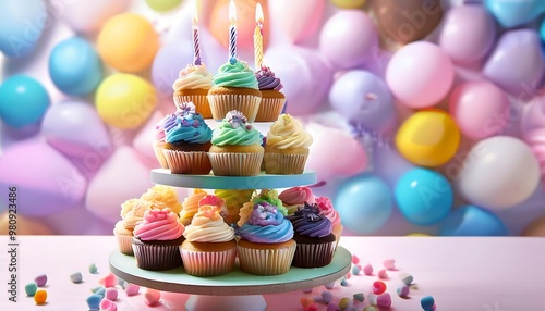 Festive Birthday Cupcakes with Balloons