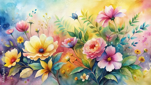 Vibrant watercolor ink painting features bright blooming flowers and delicate leaves against a soft, abstract background with gentle blends of yellow, pink, and blue hues.