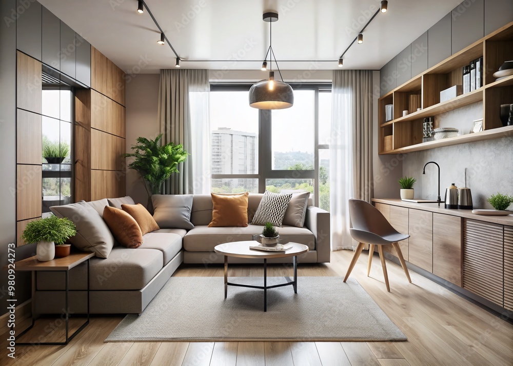Fototapeta premium Modern 22-square-meter condo interior featuring sleek lines, neutral palette, ample natural light, minimalist decor,