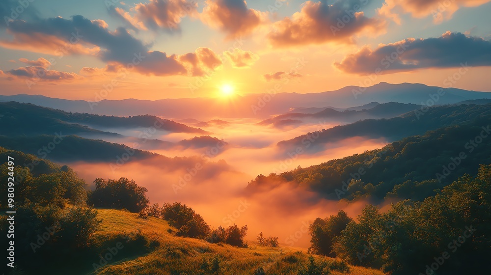 Scenic sunrise over misty mountains with golden light. Scenic sunrise over misty mountains with golden light.