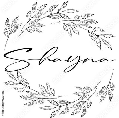 Shayna - black color - written name enclosed in a circle wreath of leaves Laurel - vector graphics - for websites, greetings, banners, postcards, prints, cricut, silhouette, sublimation, graduation
